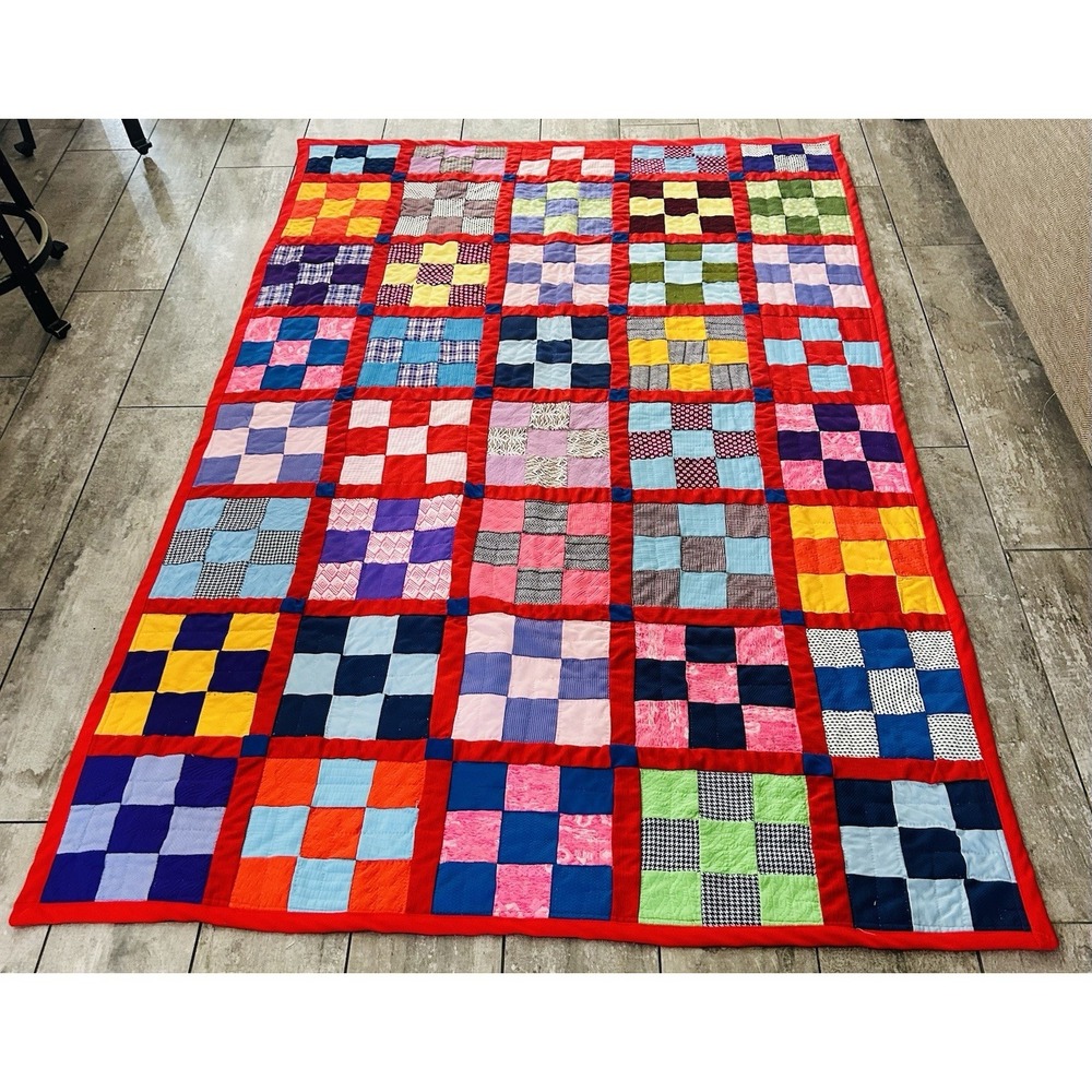 VTG‎ Handmade Crazy Puff Patchwork Bubble Full XL Size Quilt Colorful 82x53"